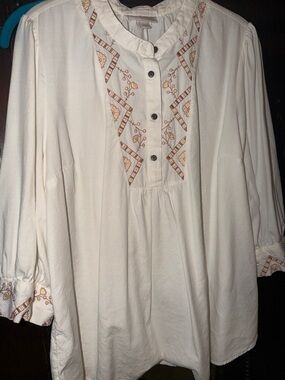 Women’s Embroidered Ecru Peasant Blouse - Classic Boho Style - Knox Rose - Sz XL